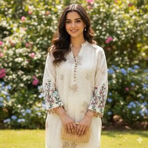 J. Junaid Jamshed Ladies Kurti XS Beige Cotton Cross Stitch Embroidered Boho NWT